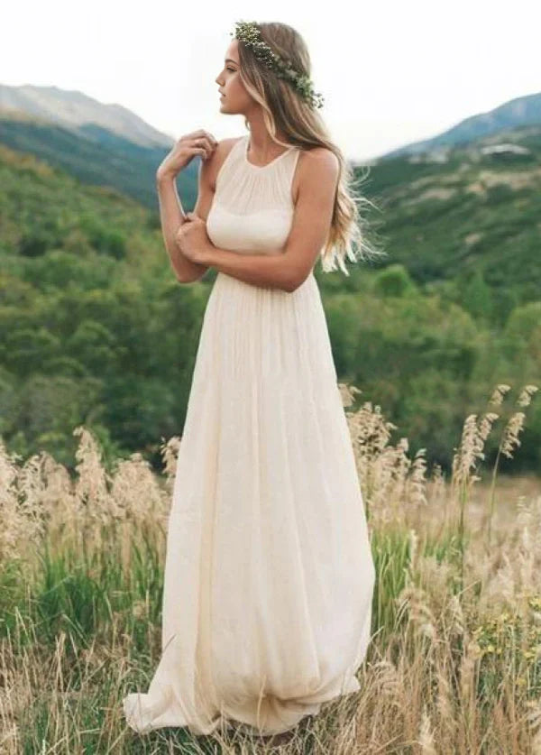 Vestidos de novia largos, elegantes, bohemios, sin mangas, de gasa en línea A